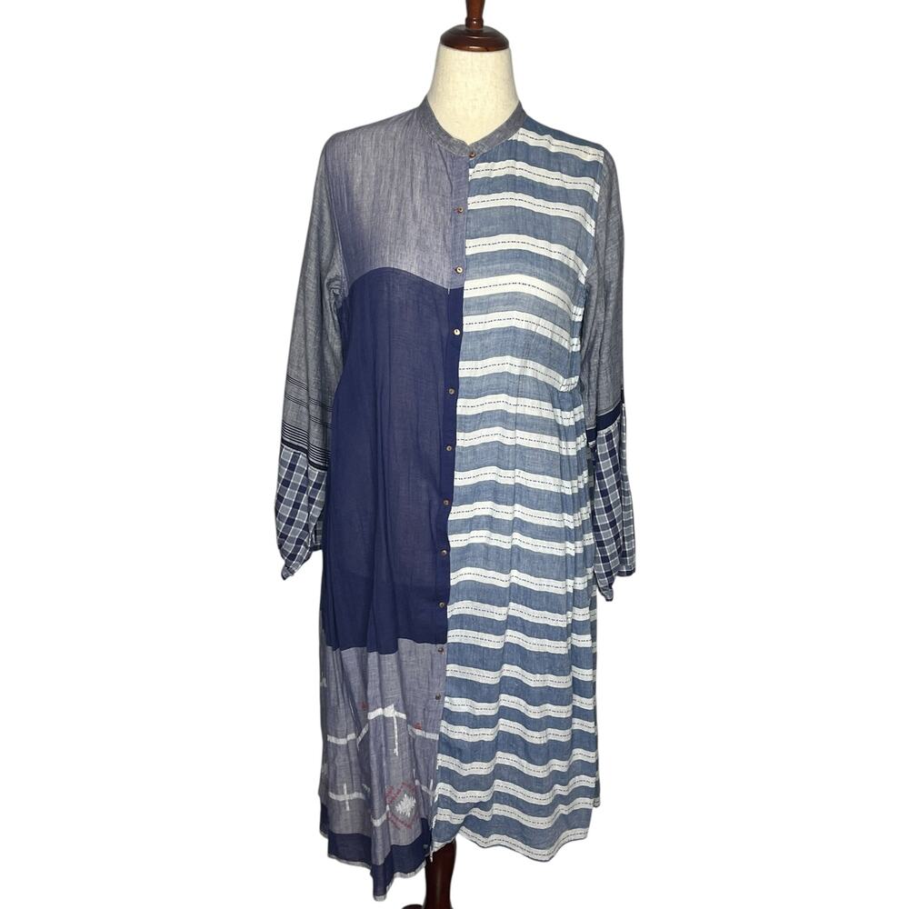 Injiri Dress Women's 42 XL Blue Mixed Media Lagenlook Midi Plaid Button Up Boho